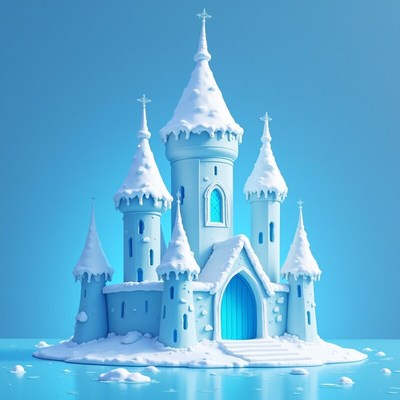 Winter castle with snowy turrets in a blue landscape