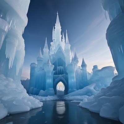 Frozen castle stands majestically in a winter landscape
