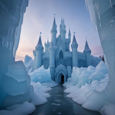 Ice castle stands tall at twilight with frozen landscape