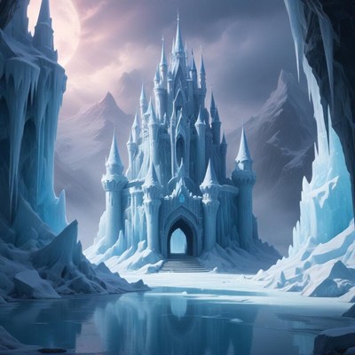 Enchanted ice castle stands tall among snowy mountains