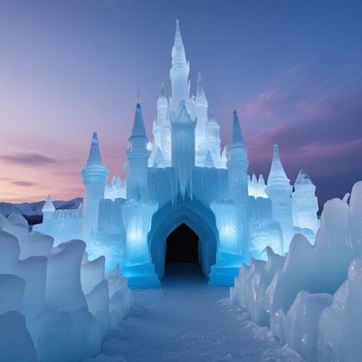 Magical ice castle shining under twilight sky