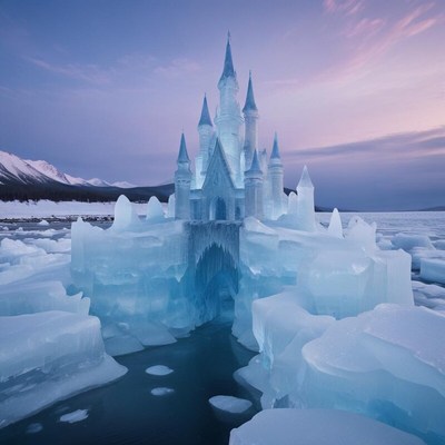 Winter wonderland ice castle surrounded by mountains