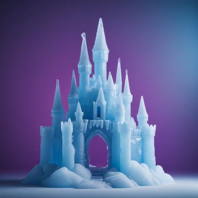 Ice castle sculpture illuminated with vivid lighting