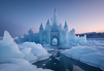 Stunning icy castle at twilight in a winter landscape