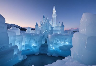 Beautiful ice castle at sunset with glowing blue lights