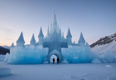 Majestic ice castle in a snowy landscape at sunset