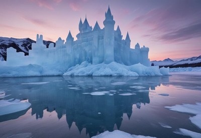 Majestic ice castle reflects on calm lake at sunset