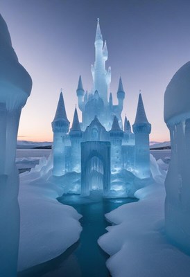Frozen castle stands tall in winter landscape at sunset