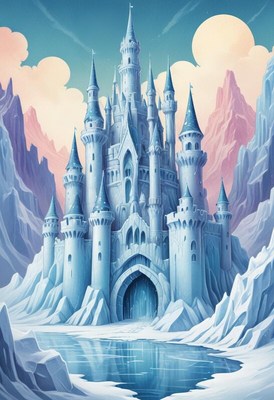 Magical ice castle stands tall in a snowy land