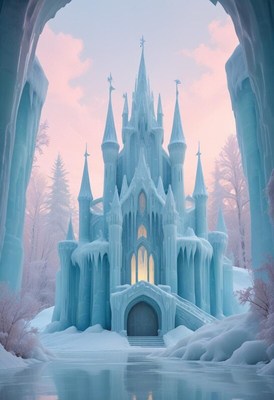 Frozen castle surrounded by snowy trees at twilight