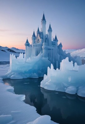 Majestic ice castle near a tranquil frozen lake at dusk