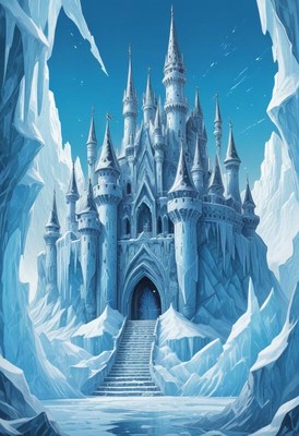 Ice castle surrounded by frozen mountains and blue sky