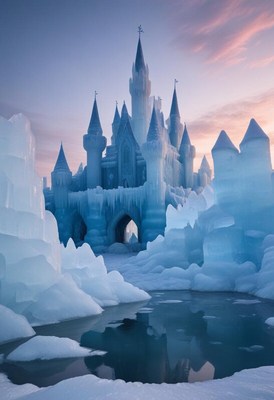 Frozen castle surrounded by icy formations at sunset
