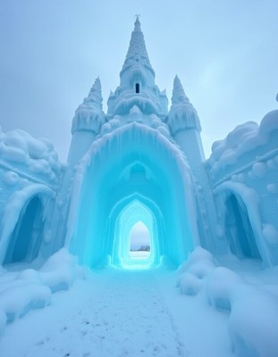 Stunning ice castle with towers and blue lighting