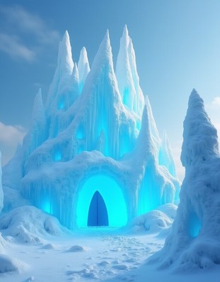 Frozen castle glows in the snowy landscape during daytime