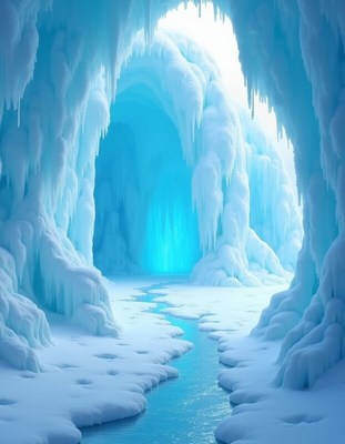 Ice cave with stunning blue light and frozen formations