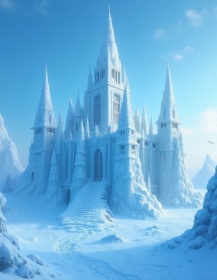 Beautiful ice castle in a snowy landscape under blue sky