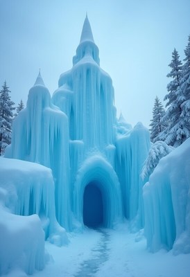 Snowy ice castle surrounded by winter trees at dusk