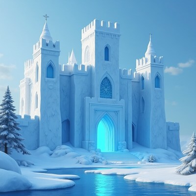 Winter castle surrounded by snow and trees in daylight