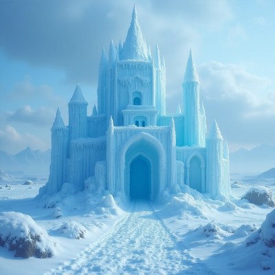 Ice castle stands majestically in a winter landscape