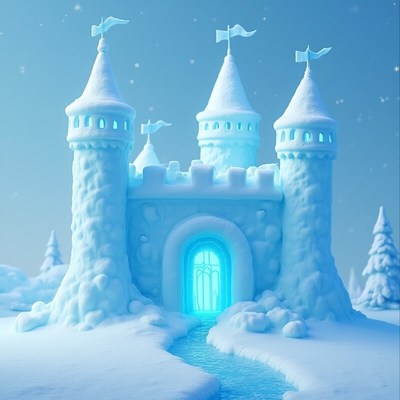 Snowy castle surrounded by winter wonderland scenery