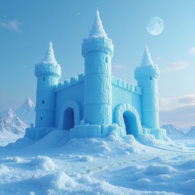Frozen castle stands majestic in a winter landscape