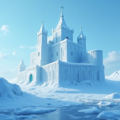 Frozen castle surrounded by ice and snow under blue sky