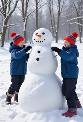 Children build a snowman in a winter park