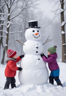 Children building a snowman on a winter day