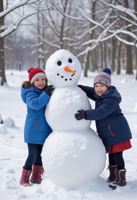 Kids build a snowman in a winter park on a snowy day