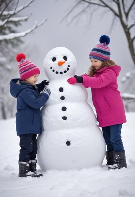 Children building a snowman in a winter wonderland
