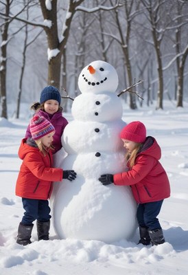 Children building a snowman in a snowy park