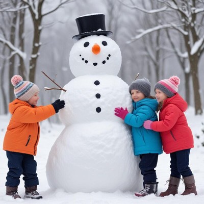 Kids building a snowman in a winter wonderland
