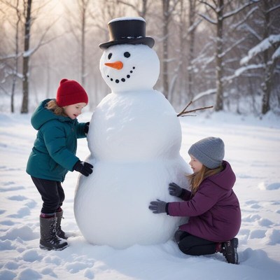 Kids building a snowman in a winter forest