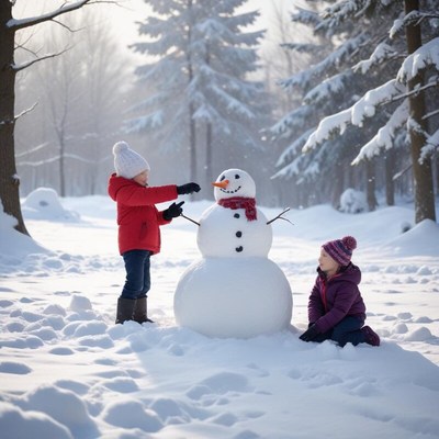 Kids joyfully building a snowman in winter