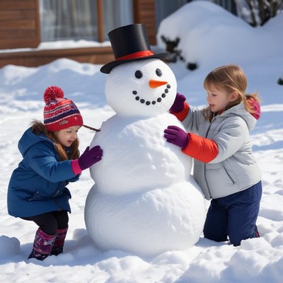 Children build a snowman in winter wonderland