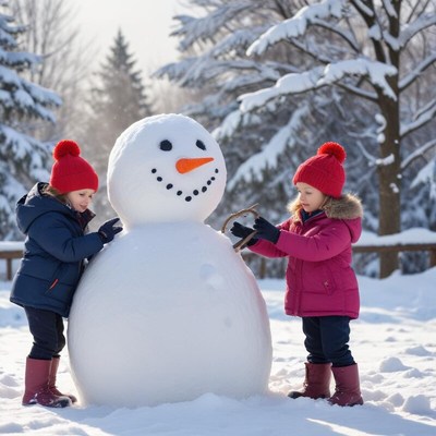 Children build snowman in the winter wonderland