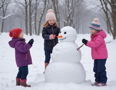 Snowy day fun with children building a snowman