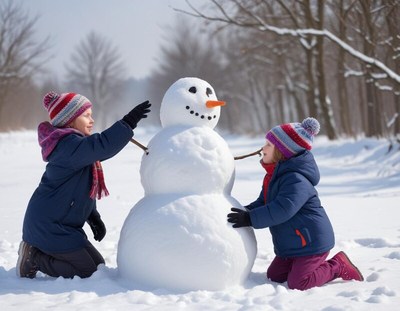 Kids building a snowman in a winter park