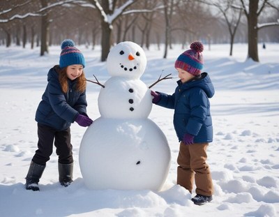 Kids build a snowman on a bright winter day