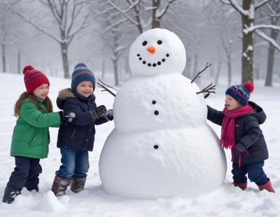 Children playing in snow building a snowman