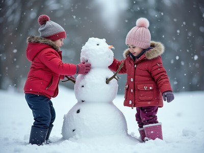 Kids building a snowman on a snowy winter day