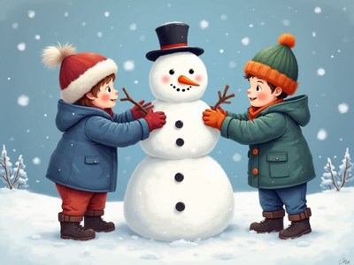 Kids build a snowman on a winter day