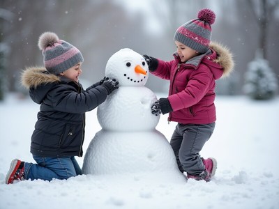 Kids build a snowman during winter fun in the park