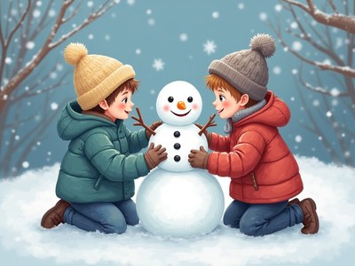 Boys building a snowman on a winter day