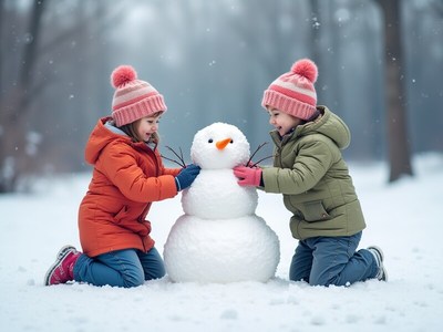 Children building a snowman in a winter wonderland