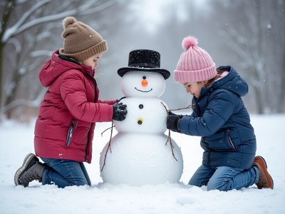 Kids enjoy winter by making a snowman in the park