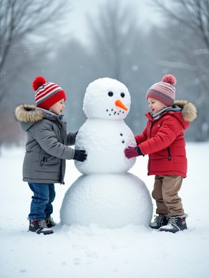 Kids build a snowman in a winter wonderland