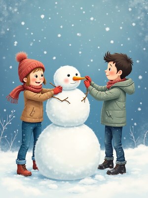 Children build a snowman on a winter day