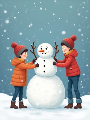 Kids build a snowman during a snowy winter day